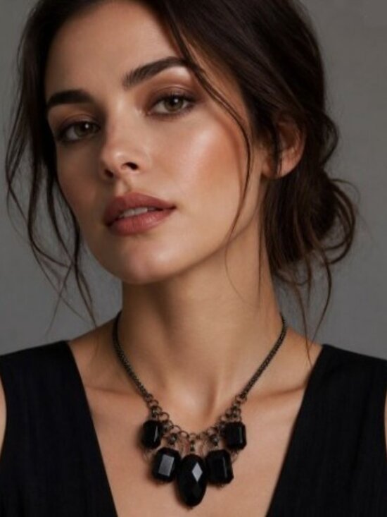 Source Unknown Jewelry - Vintage Antiqued Silver Tone Acrylic Statement Necklace - Black Faceted Drops